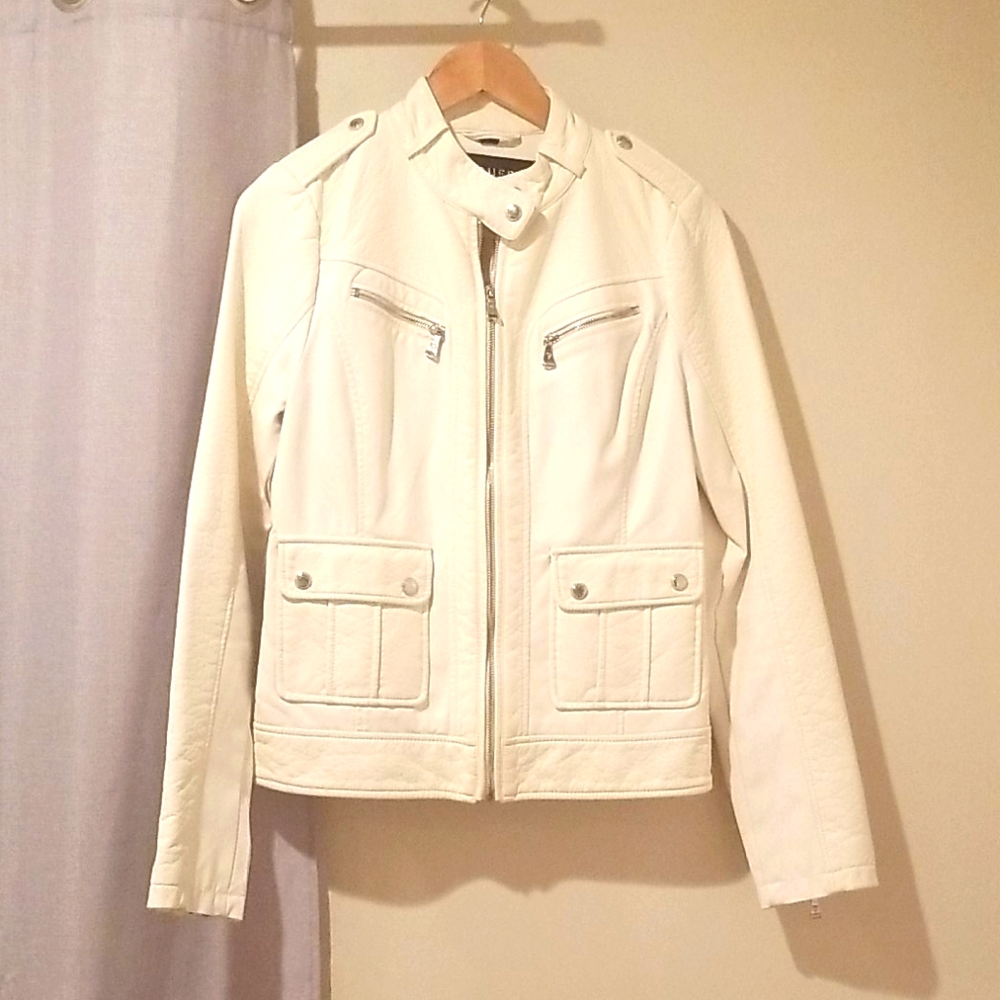 Guess Faux Leather Moto Jacket White Small